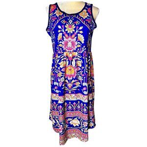 Izuria Blue Multicolor  Sleeveless Dress Size M Empire Waist Knee Length